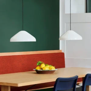White contemporary dome pendant lamp in modern dining room interior