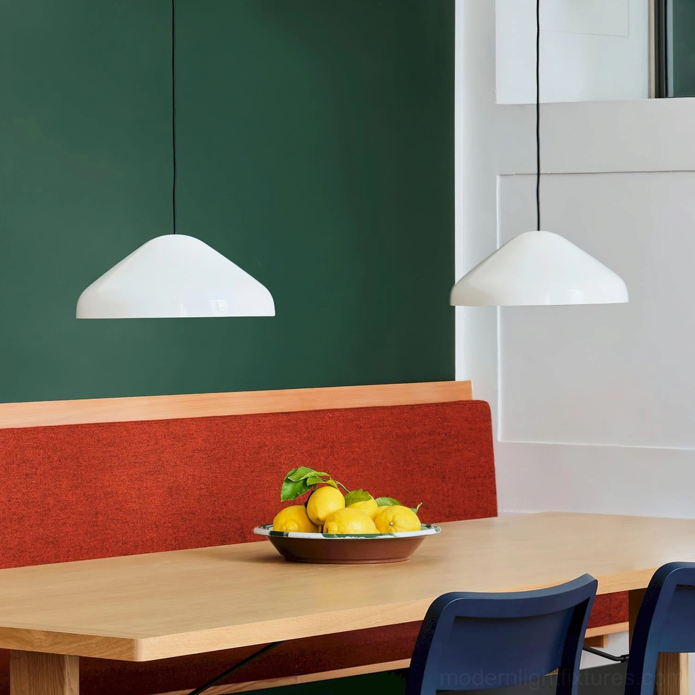 White contemporary dome pendant lamp in modern dining room interior