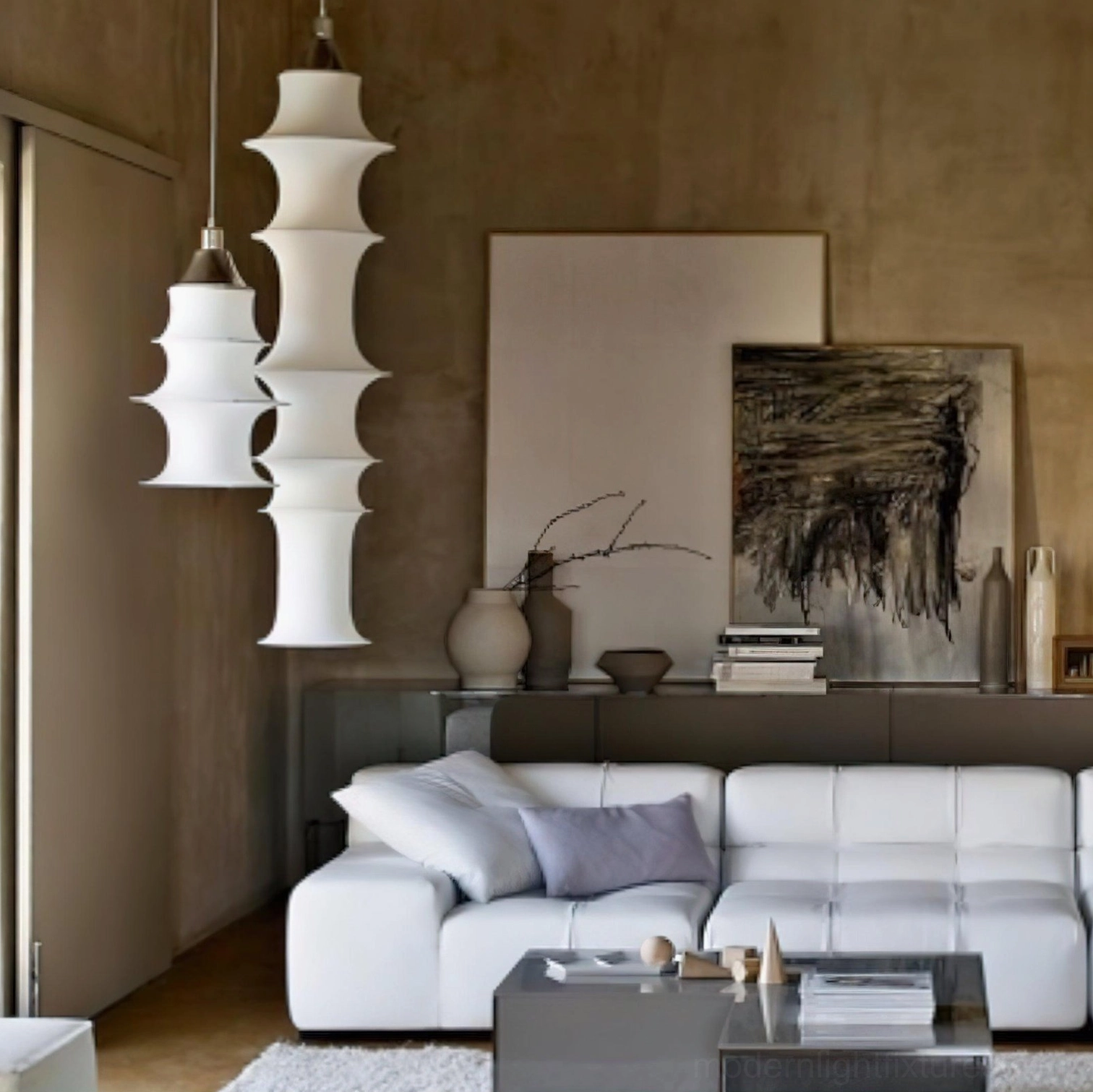 White fabric tiered pendant lamp mounted in contemporary interior design setting