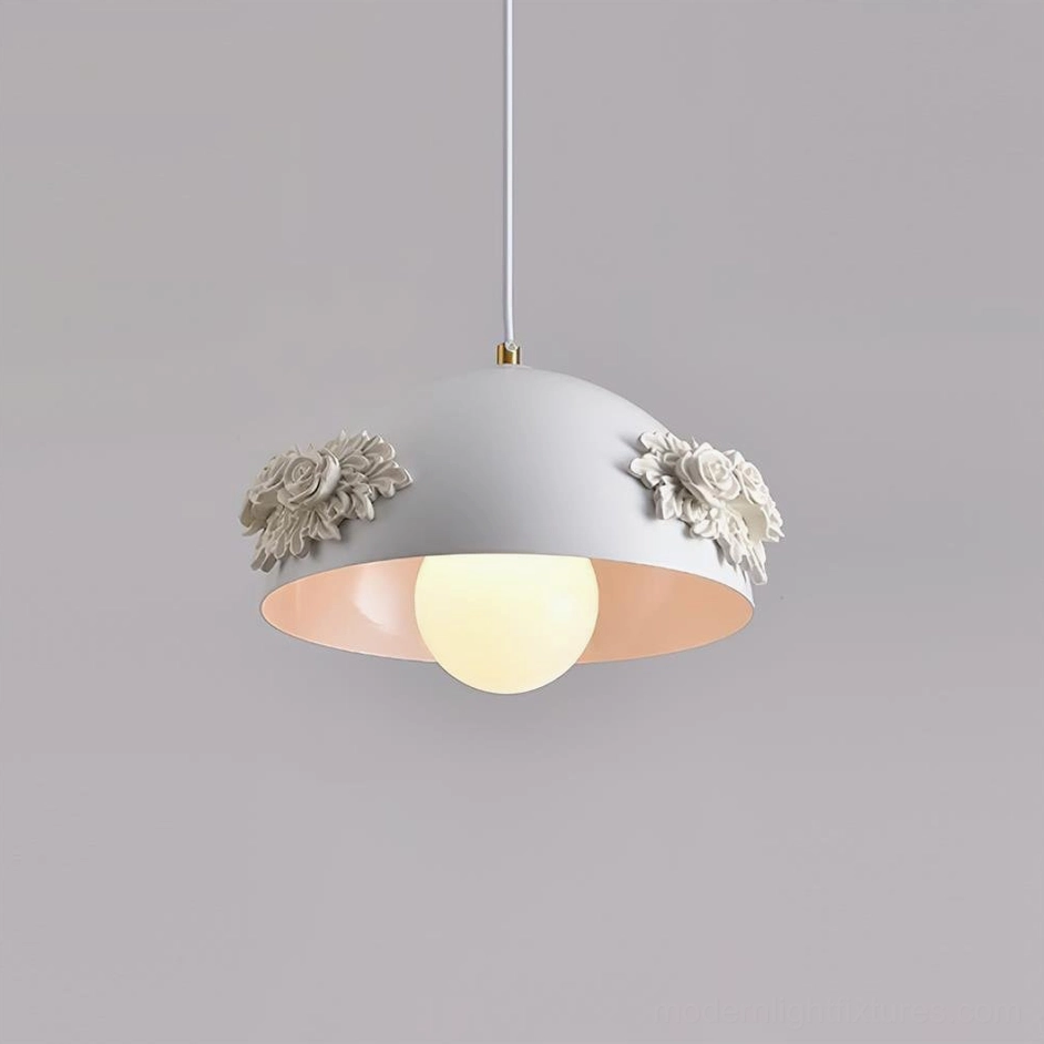 White finish floral pendant light with rose appliqués, clean minimalist dome design, modern romantic home lighting