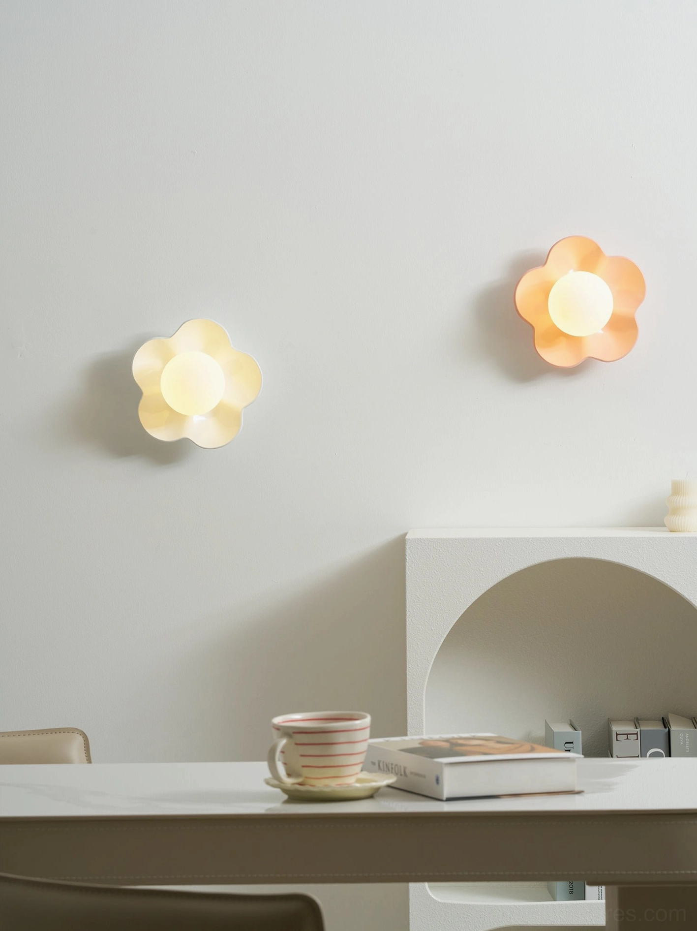 White Fleur wall lamp above sofa contemporary living room - modern wall sconce secondary ambient lighting layer