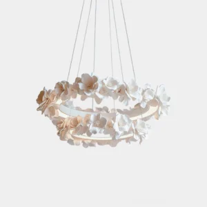 Floral ring chandelier with double-layer white and beige anemone flowers, annular design, low-angle studio view