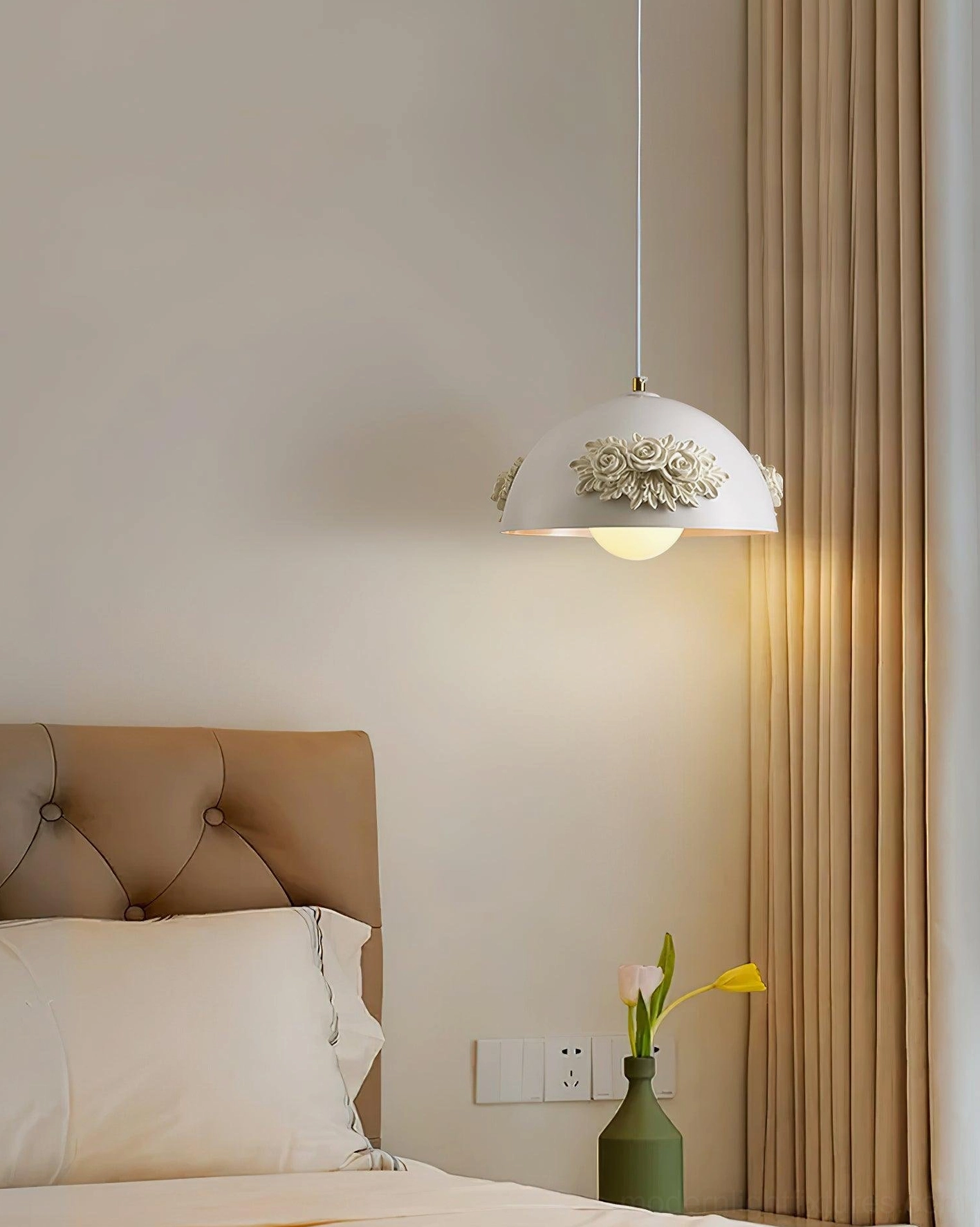 Floral pendant light white finish option with 3D rose appliqués, acrylic dome shade, modern romantic ceiling lighting fixture