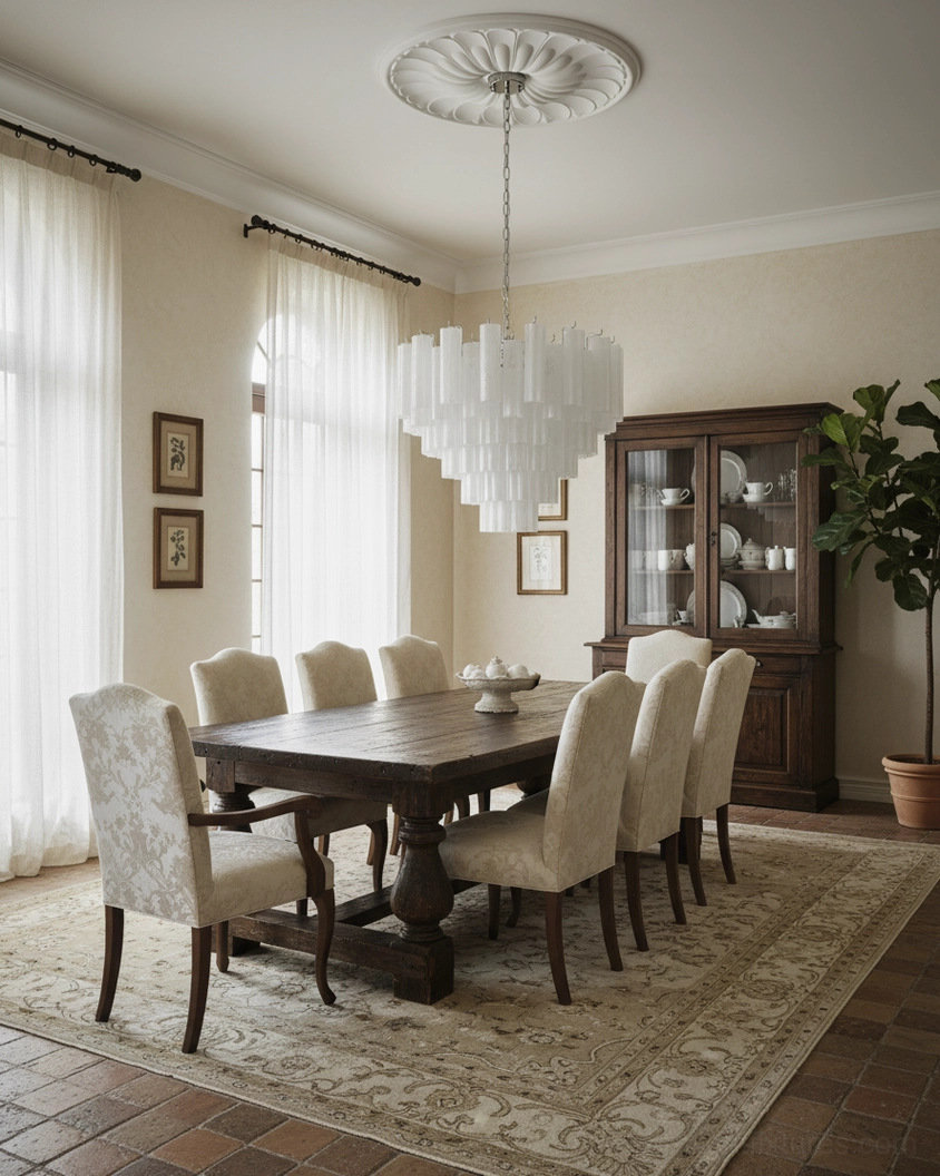 White frosted glass tiered chandelier in formal dining room with dark wood furniture