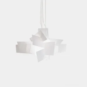 White geometric pendant light with stacked irregular square panels, front overhead close-up view