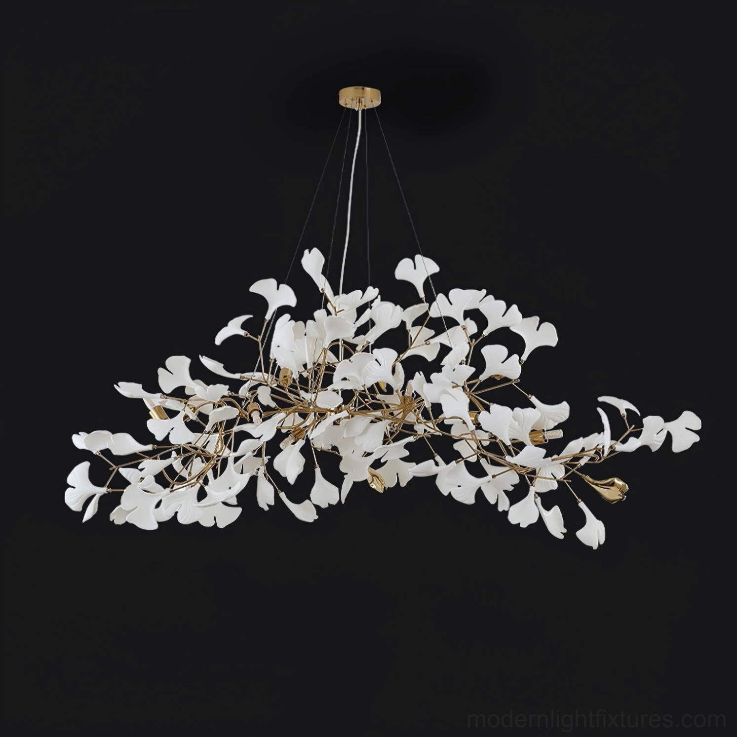 Minimalist white ginkgo leaf linear chandelier with metal frame on black studio background