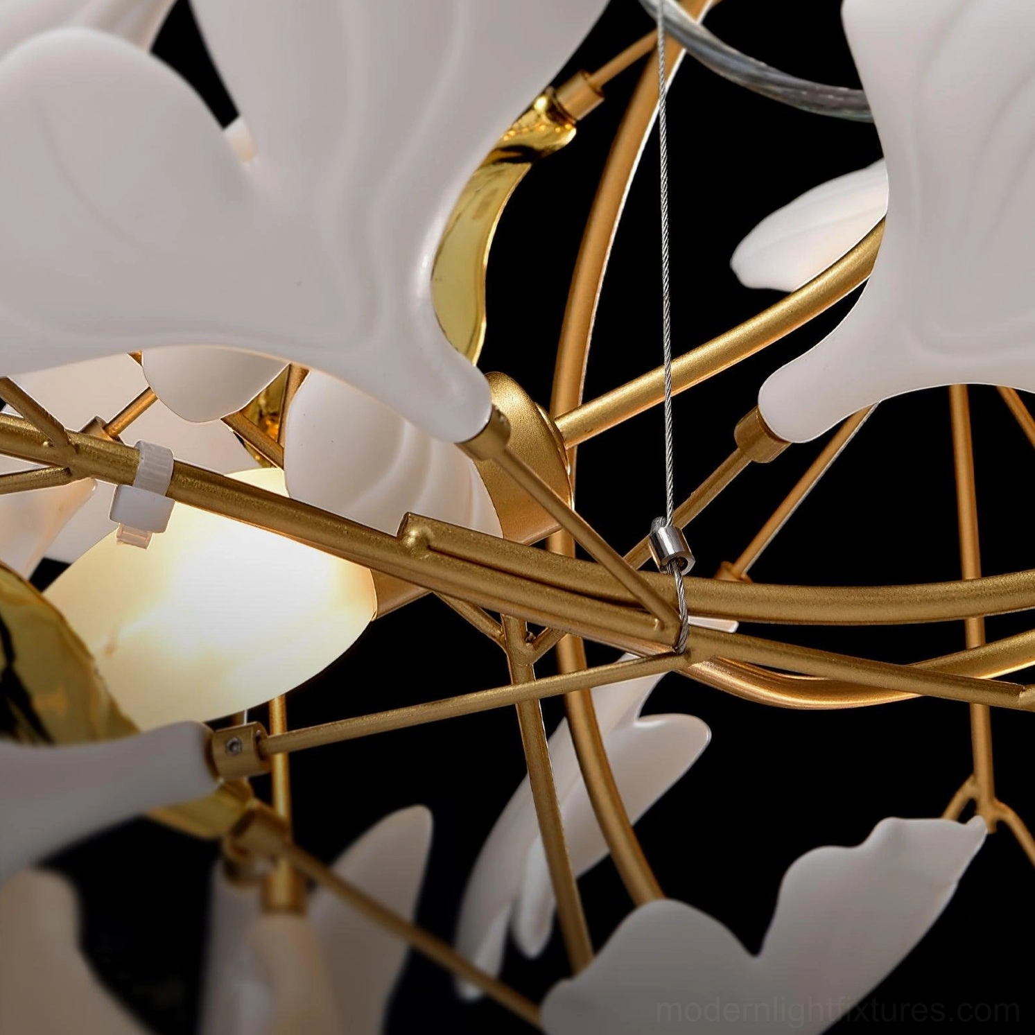 White finish ginkgo leaf chandelier minimalist design with matte metal frame and Scandinavian-inspired aesthetic