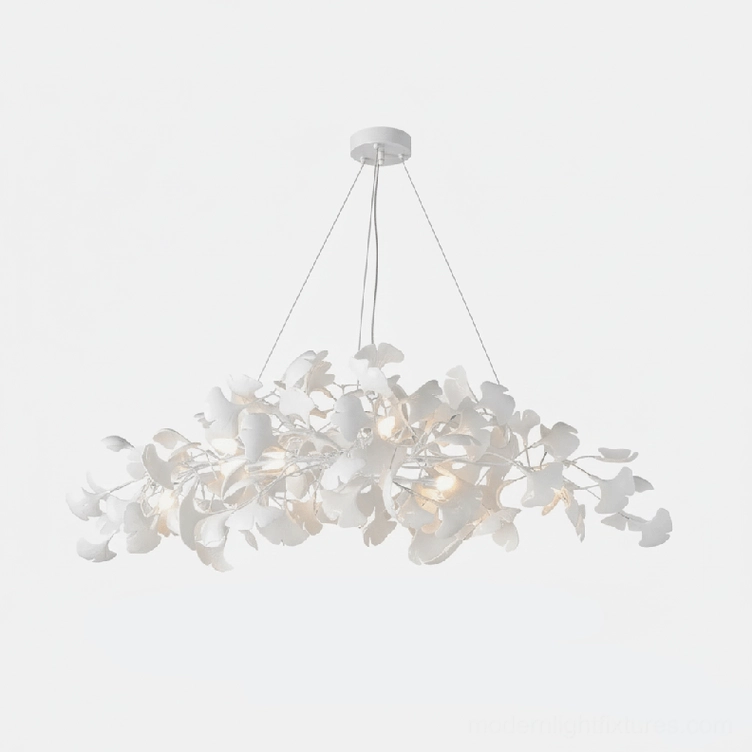 White ginkgo leaf linear chandelier with white ceramic leaves and matte metal frame minimalist finish