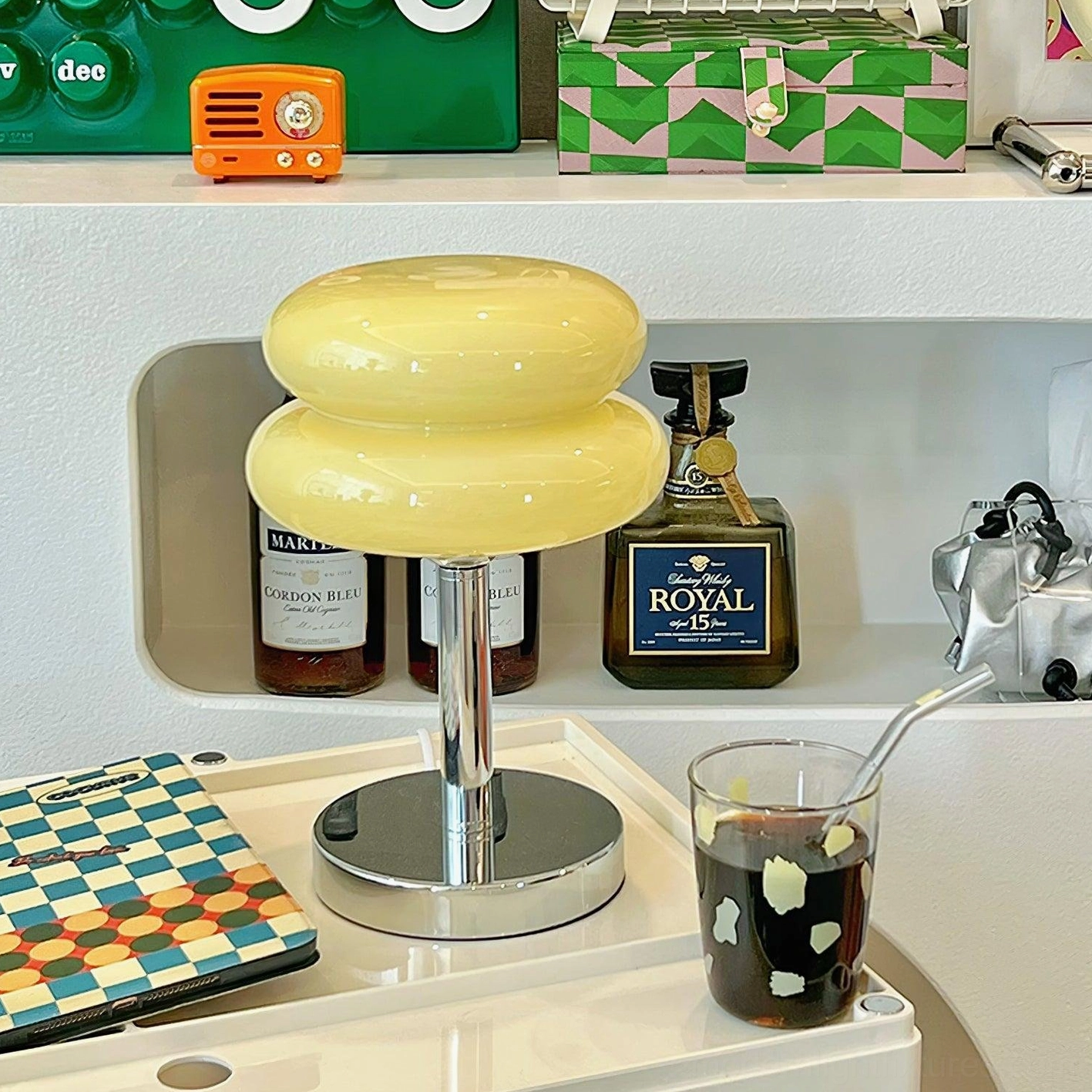 Contemporary white glass table lamp with polished chrome hardware and metal base