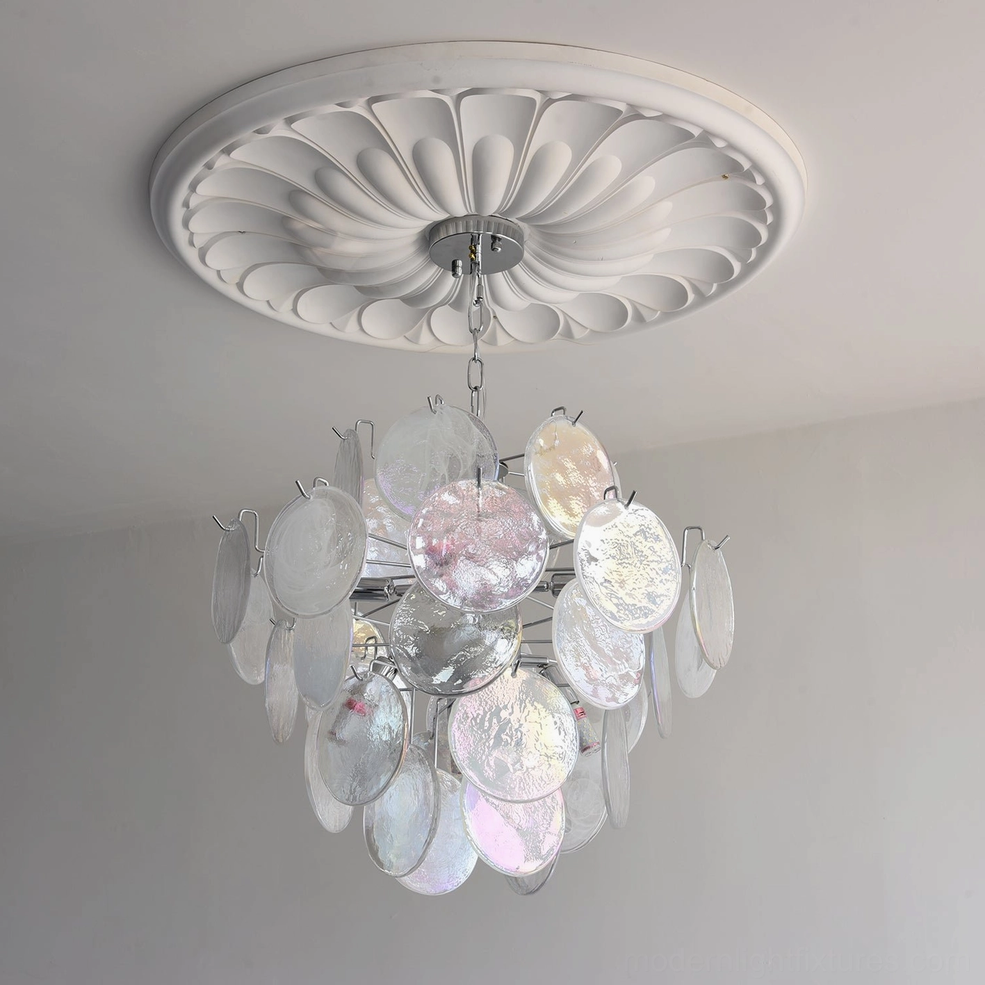 White color option modern glass disc pendant light showing clean aesthetic and glass disc clarity