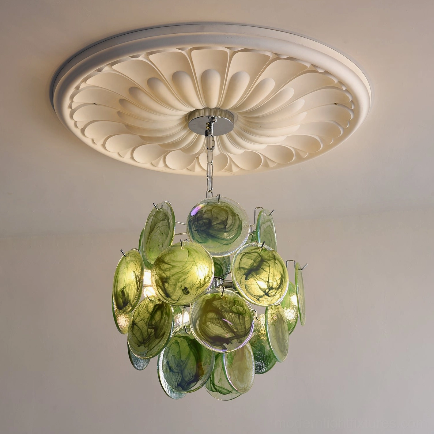White variant iridescent glass disc pendant light with timeless chrome frame design