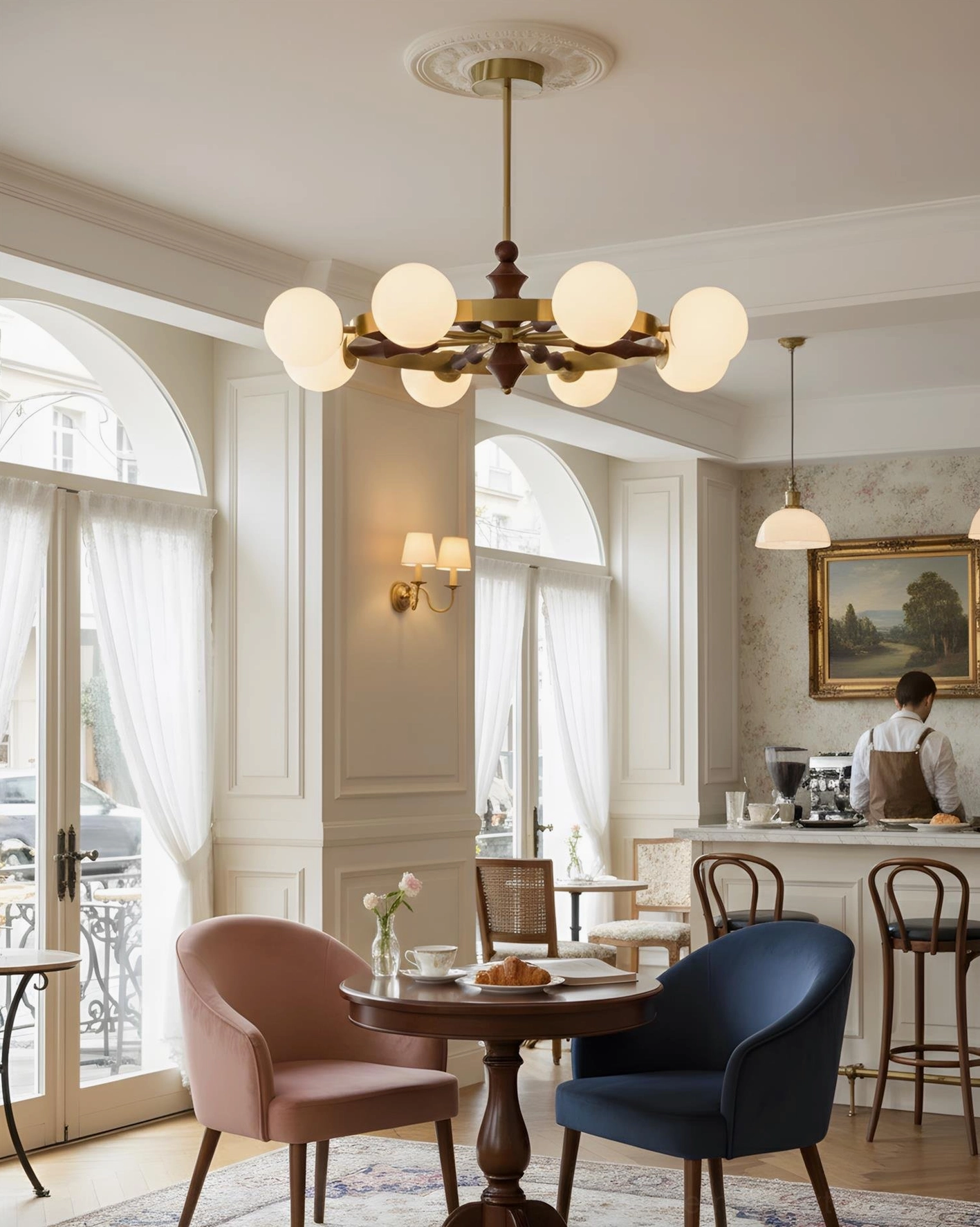 White frosted glass shade chandelier in French café dining space with brass and wood accents