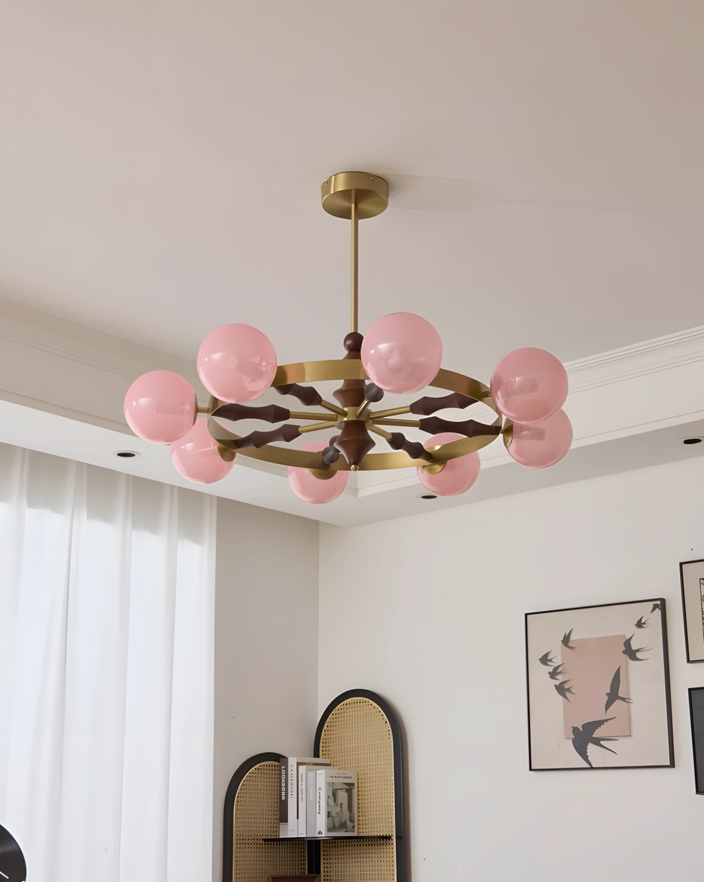 White and gold retro glass globe chandelier displaying warm illumination and ambient lighting effect