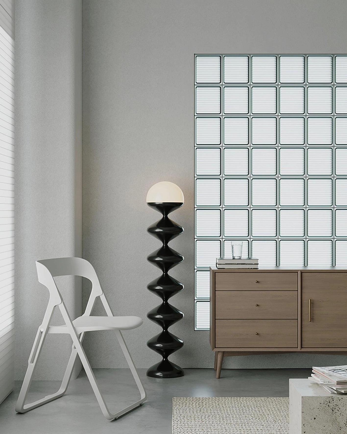 White gourd floor lamp creating ambient lighting in minimalist Scandinavian interior design