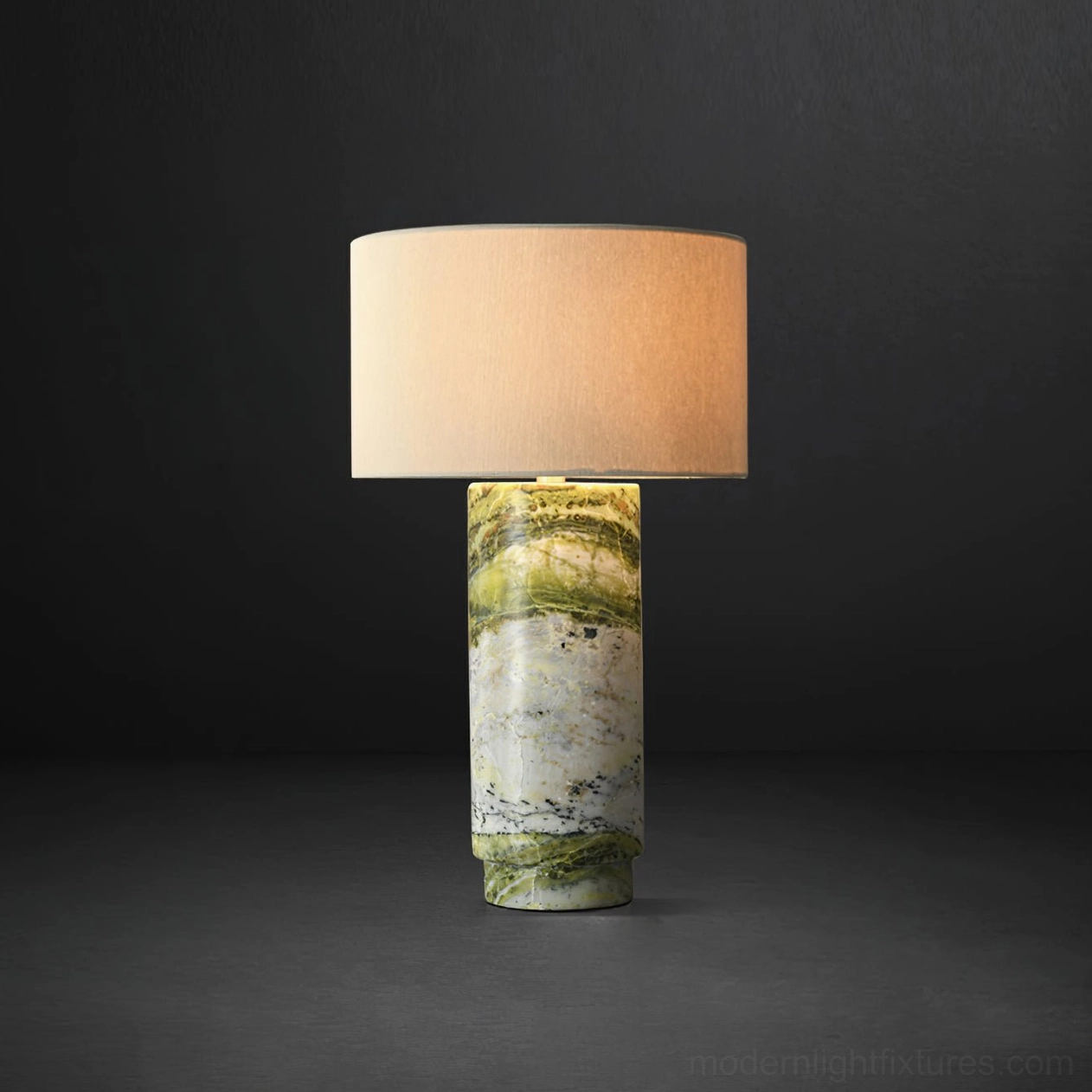 White and green marble table lamp with fabric shade, elegant minimalist lighting fixture for modern homes