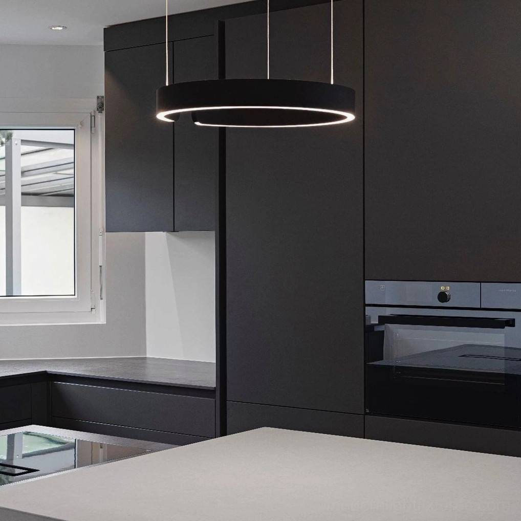 White halo ring LED pendant light fixture in minimalist contemporary kitchen with neutral color palette