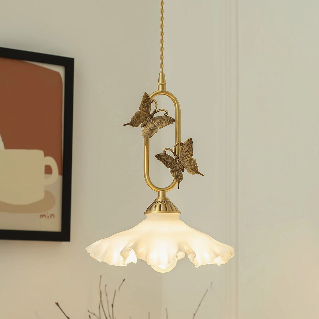 Large white jade ruffled lotus bowl butterfly pendant light, 25cm diameter for dining table ambiance