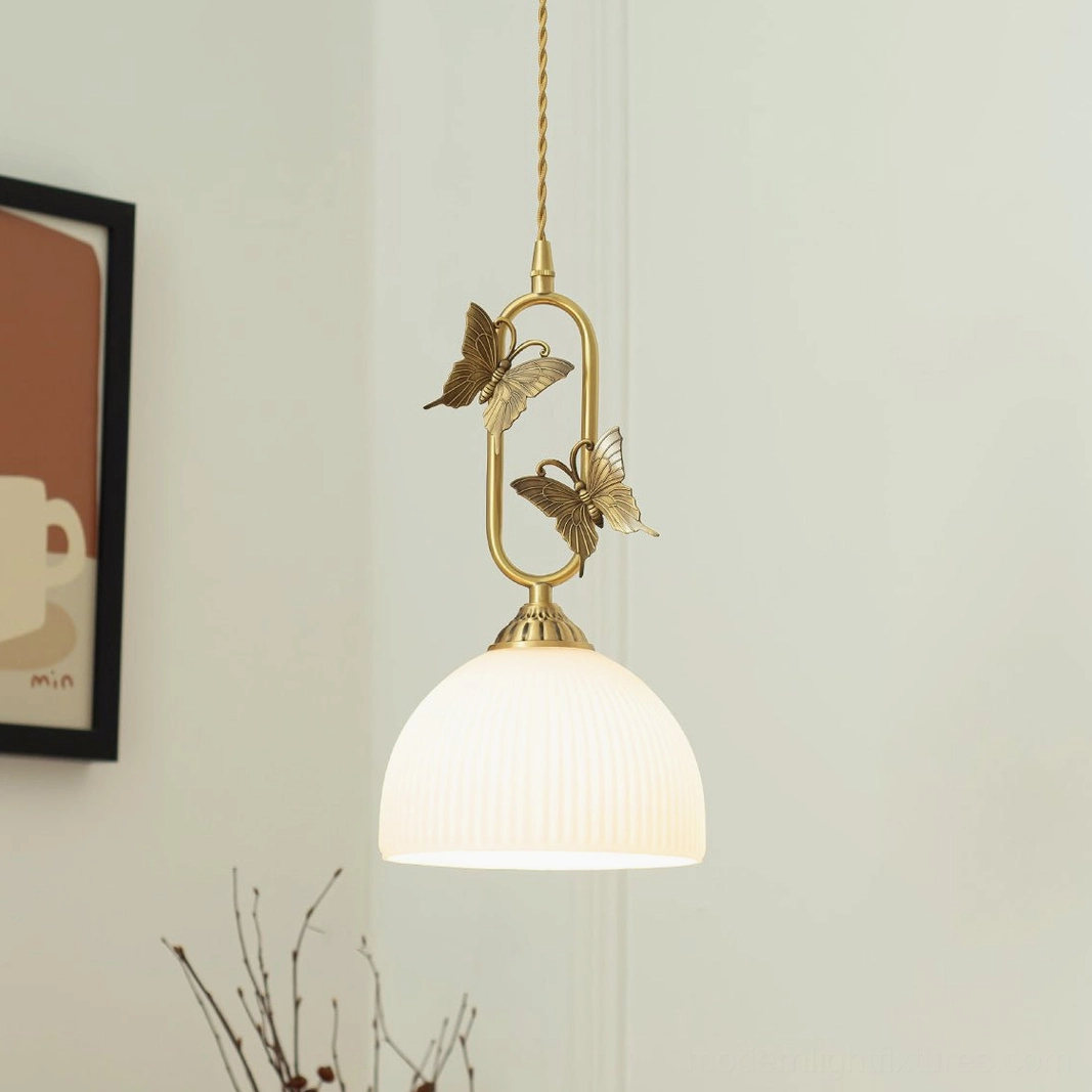 Small white jade butterfly pendant light, 18cm scalloped bowl shade for bedroom nightstand accent