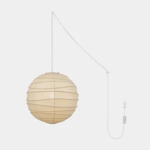 White Japanese washi paper pendant light with iron wire frame and cord on white background, showing spherical modern hanging lamp design