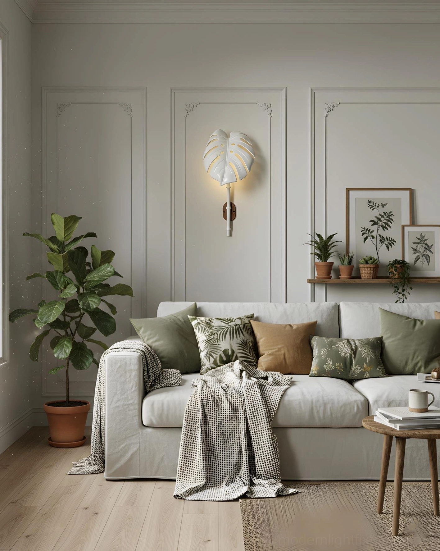 White leaf-shaped wall sconce mounted on ornate paneled wall in modern living room setting
