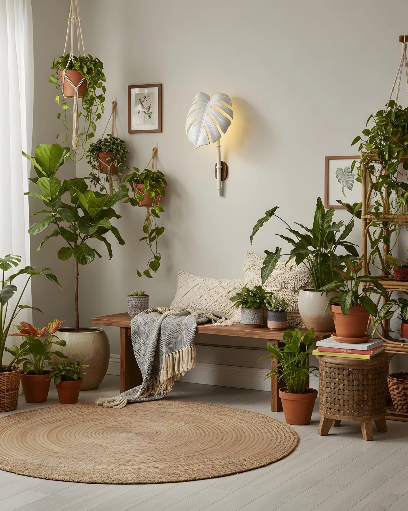 White leaf wall sconce mounted above rattan console table in cozy bohemian living nook
