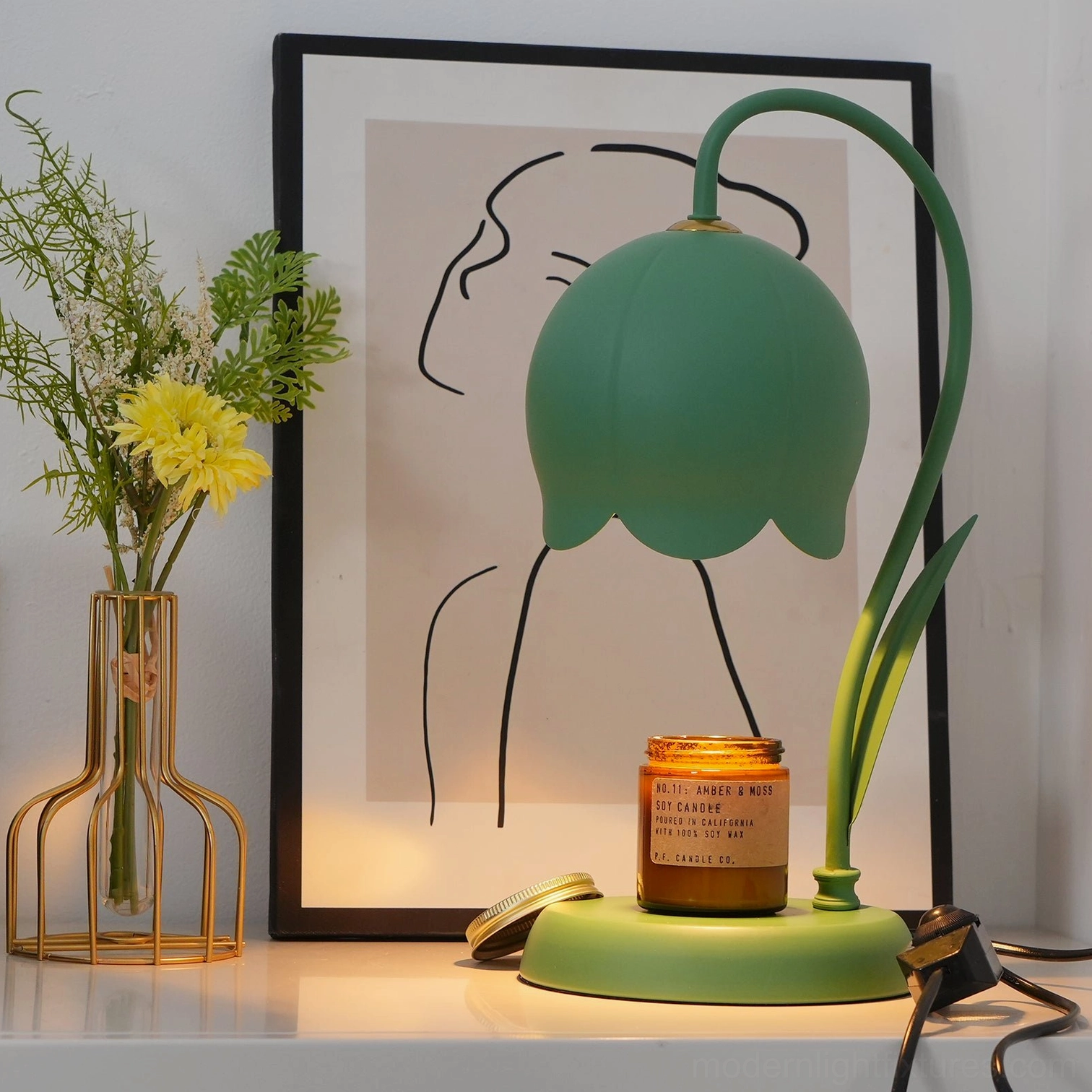 White matte lily flower warmer lamp close-up showing clean minimalist design and metal construction