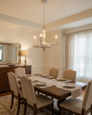 Elegant white Lvoria chandelier suspended above formal dining room table with warm natural lighting