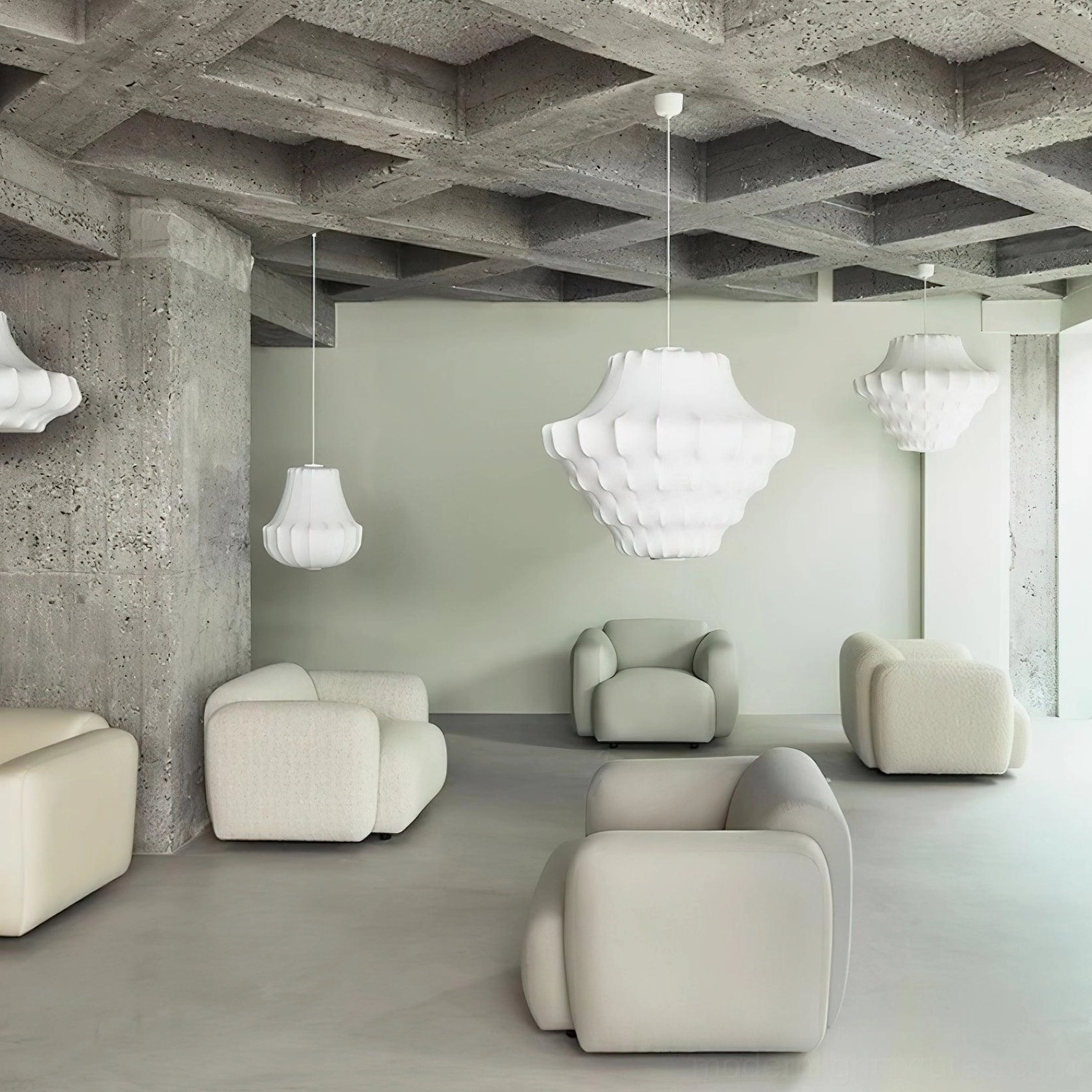 Mixed-size white matte fabric pendant lamps in brutalist living room concrete ceiling