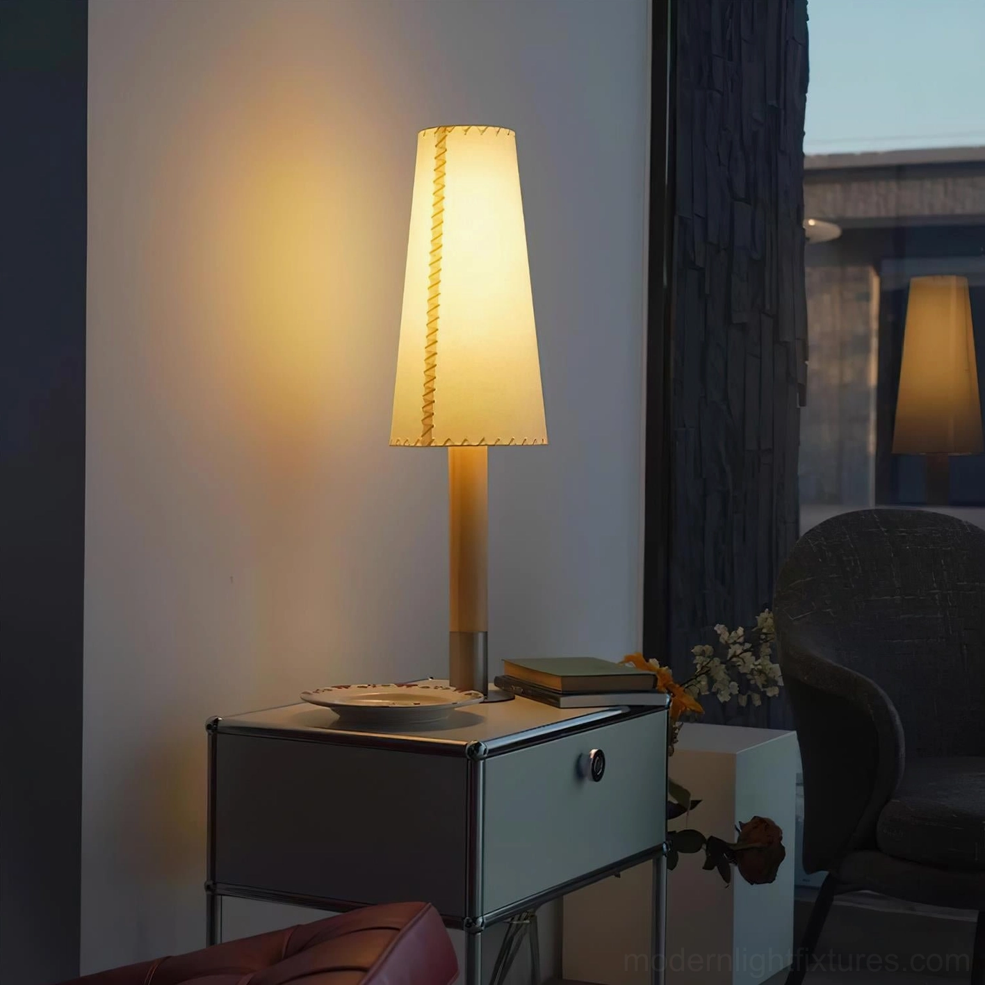 White finish minimalist table lamp with stitched fabric shade contemporary design