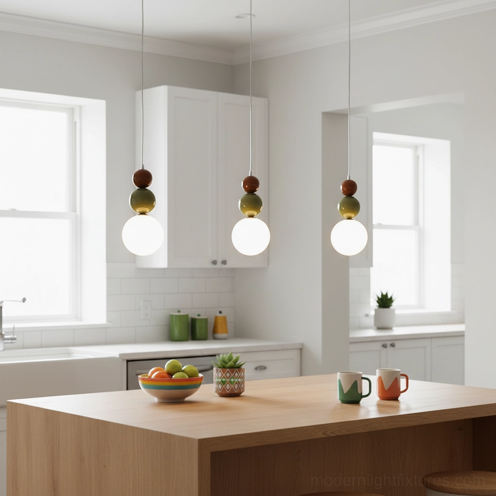 Bright white modern kitchen with light wood floors and matching globe pendant lights above central island