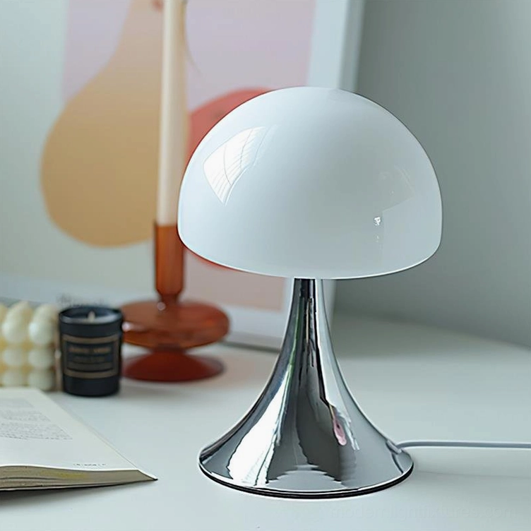 White Mushroom Table Lamp Close-Up with Polished Chrome Metal Base Detail