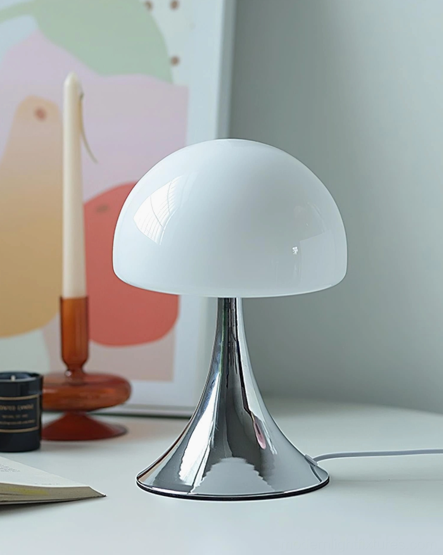 White Glossy Mushroom Table Lamp with Polished Chrome Base - Contemporary Design