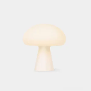 Modern white mushroom table lamp with integrated LED and touch control, frontal studio view on minimalist background