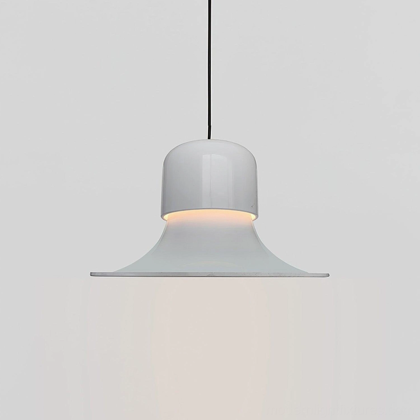 White Nordisk pendant light ceiling mounted showing complete fixture installation
