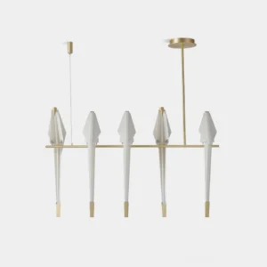 Modern white origami crane chandelier with 5 brass heads on pure white background studio shot