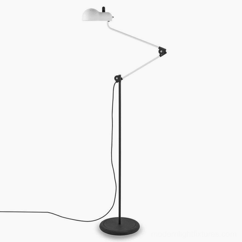 White matte Paolo articulated swing arm floor lamp with dual joints positioned in contemporary interior space