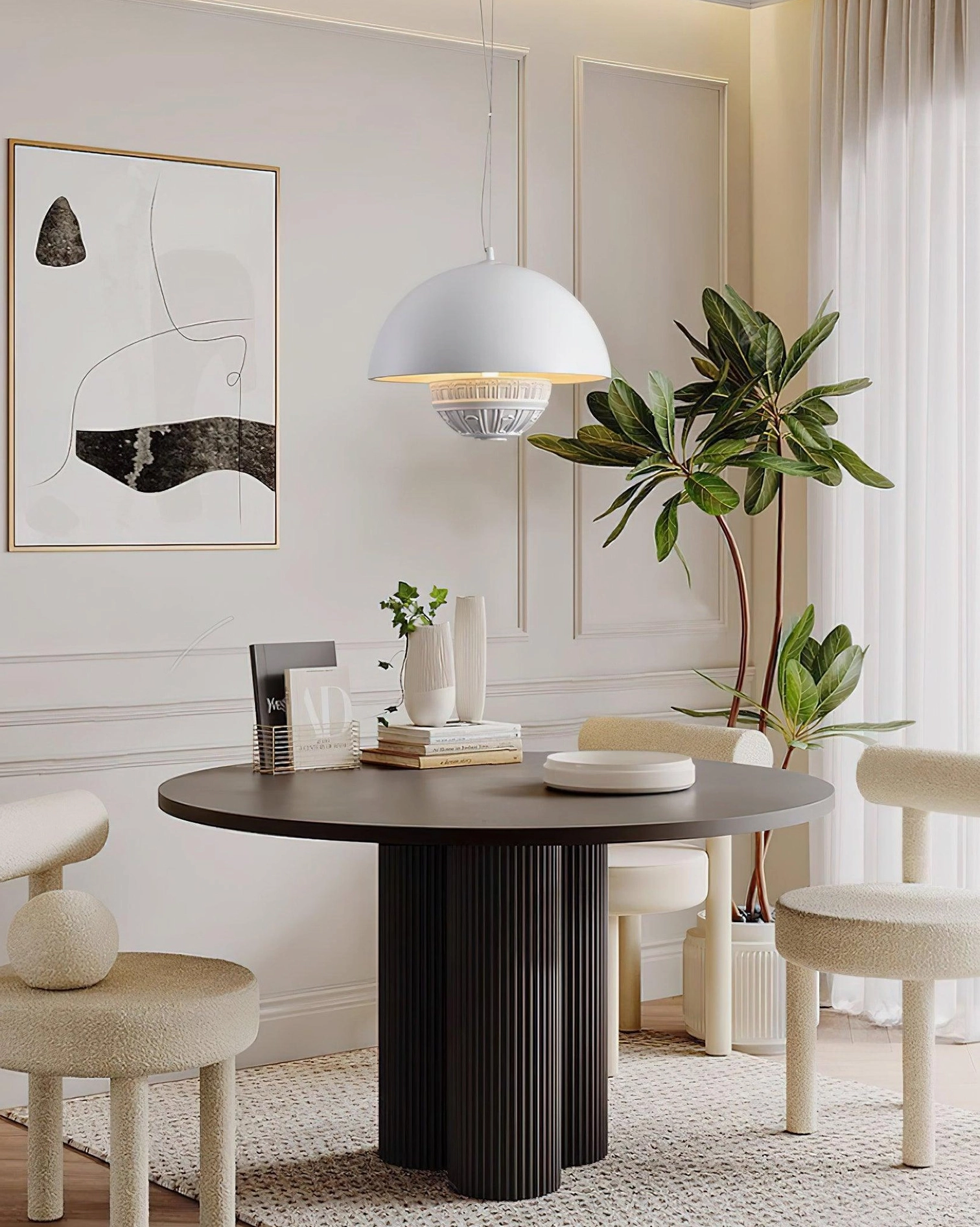 White dome pendant light in casual modern dining area with green plants and tabletop ornaments