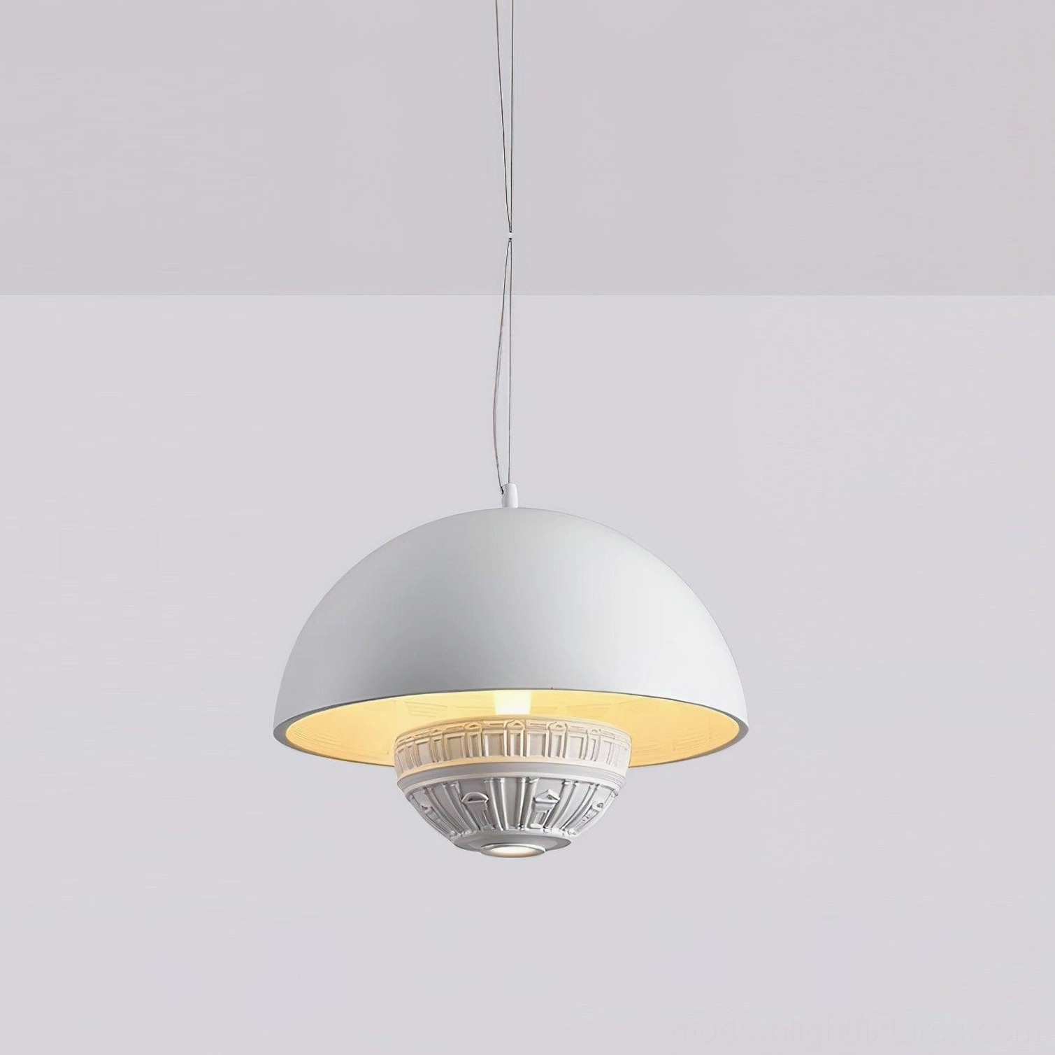 White dome pendant lamp warm golden interior lighting effect and metallic finish