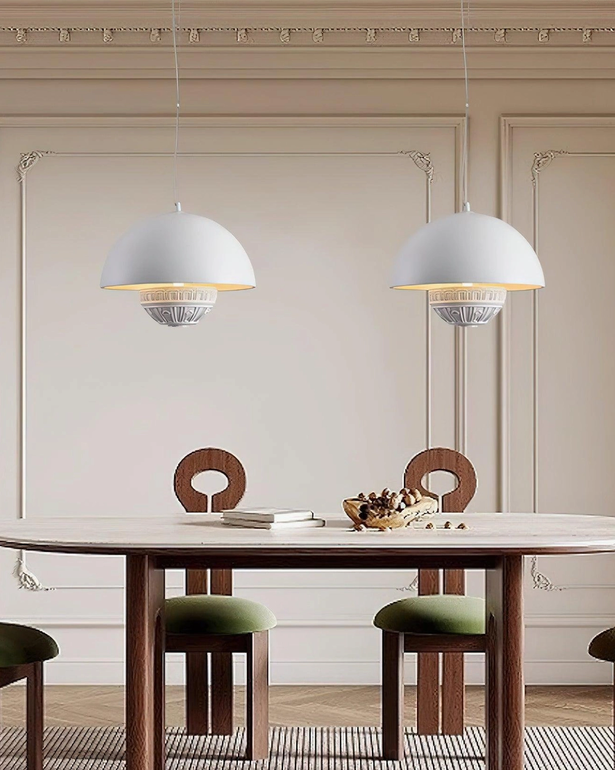 Pair of white dome pendant lights in formal wooden dining room modern neoclassical decor