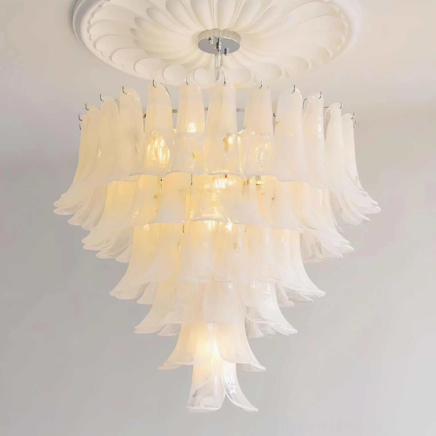 White glass petal chandelier 6-layer 88cm creating elegant neutral lighting focal point