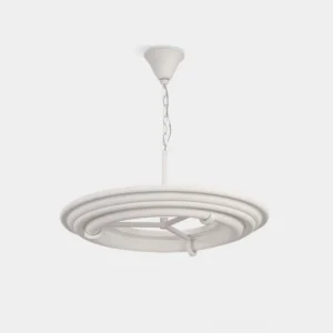 White plaster ring chandelier front view with layered circular design on white background