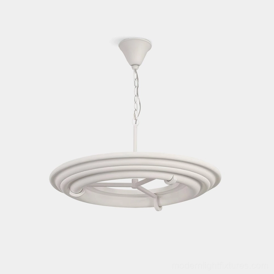 White plaster ring chandelier front view with layered circular design on white background
