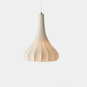 White pleated tapered pendant light with minimalist design, front studio view showing ribbed fabric shade structure