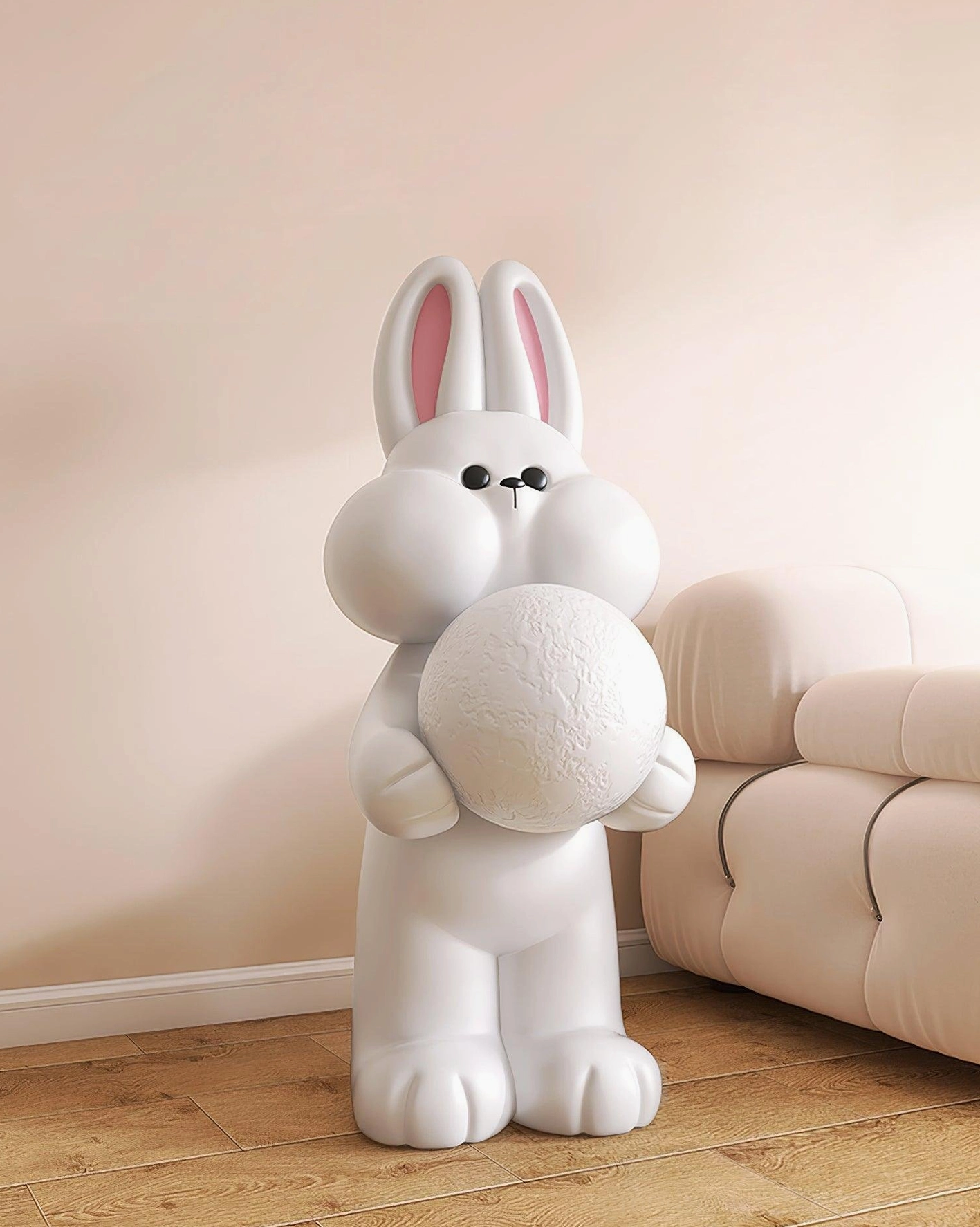 Pure white rabbit floor lamp matte resin sculpture unlit moon shade minimalist aesthetic modern design