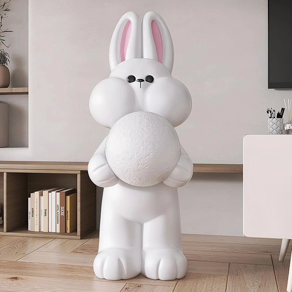 Pure white rabbit floor lamp three-quarter view with unlit moon shade modern living room bookshelf