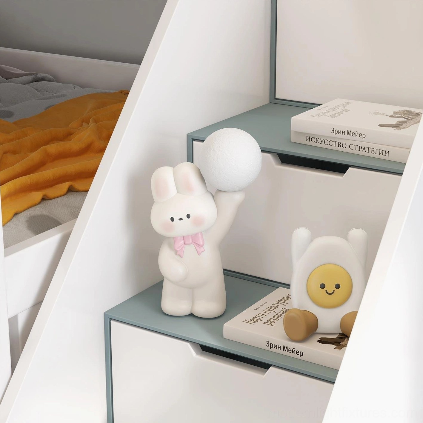 Rabbit table lamp in white with pink bow detail - modern nursery and children's room lighting