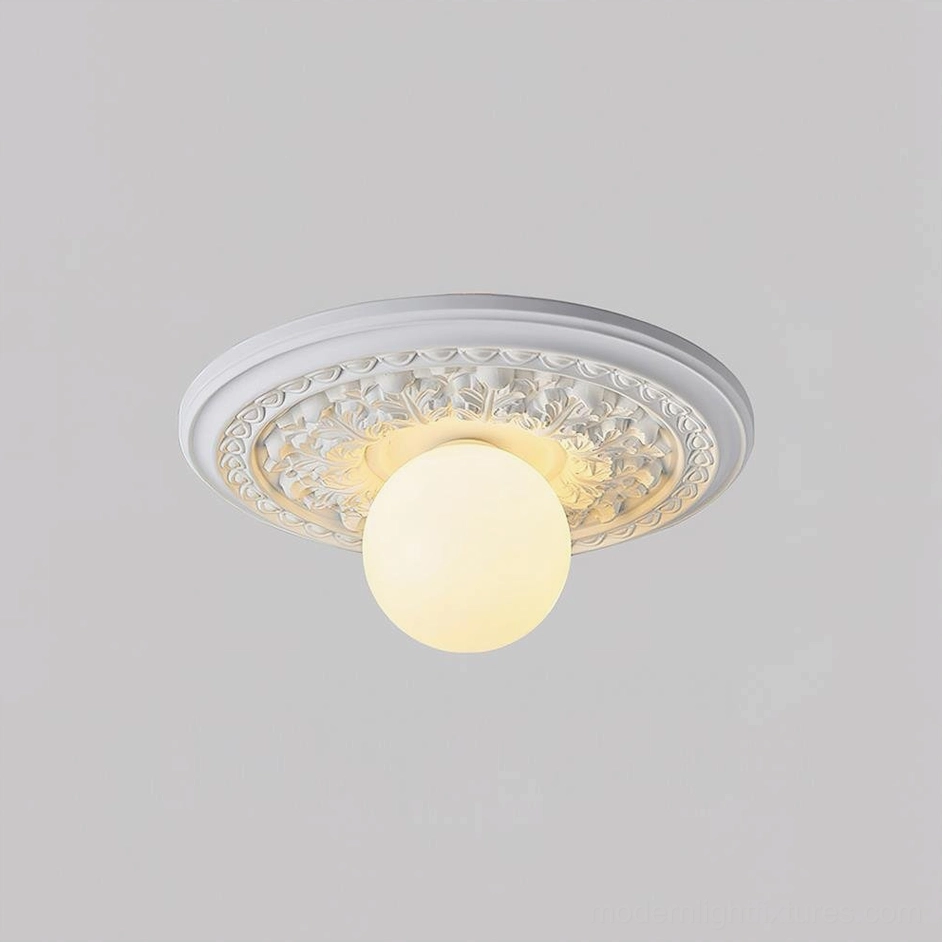 White modern resin ceiling light fixture with geometric carved canopy base