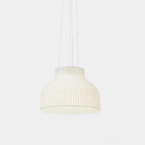 Modern white ribbed cocoon pendant light with textured fabric shade, front view against plain background