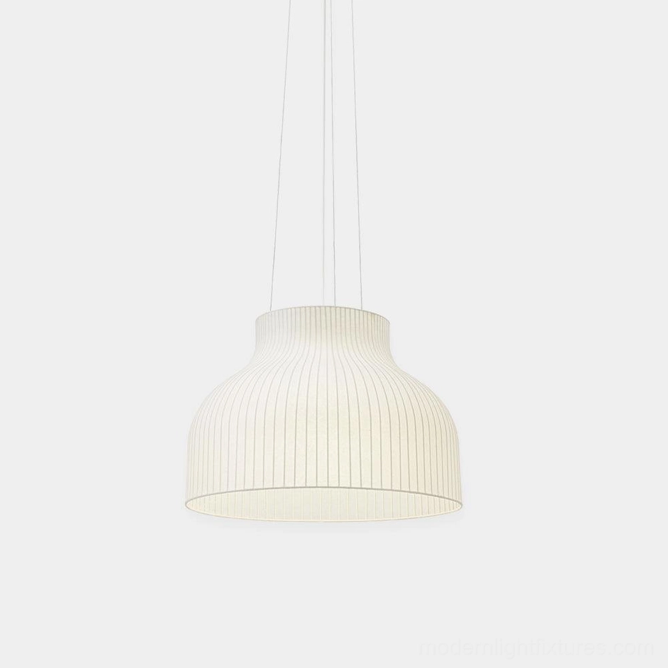 Modern white ribbed cocoon pendant light with textured fabric shade, front view against plain background