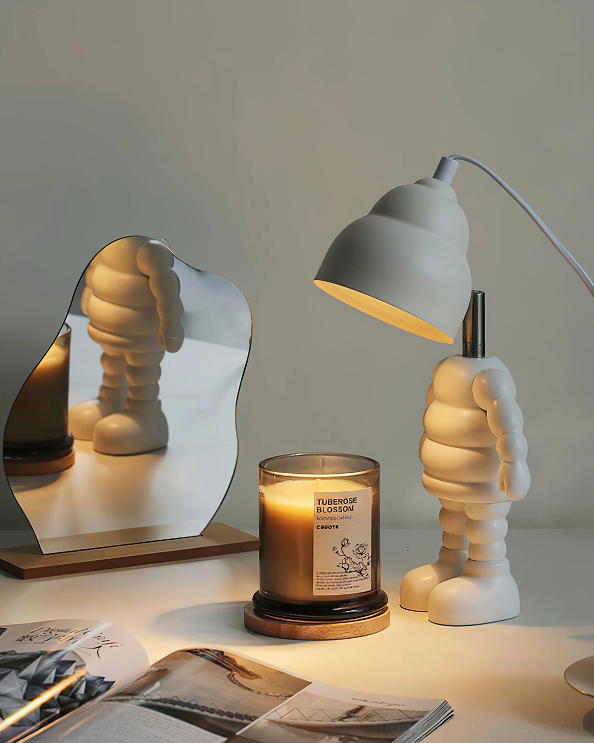White robot candle warmer lamp featuring adjustable dome shade and durable ceramic resin construction